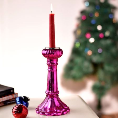 High-Quality Glass Candle Holders in Shiny Magenta Finish